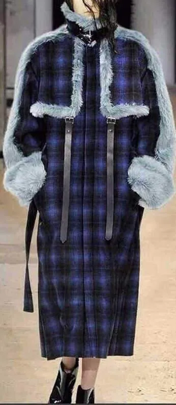 Blue Tartan Fur Coat with Black Belt Straps