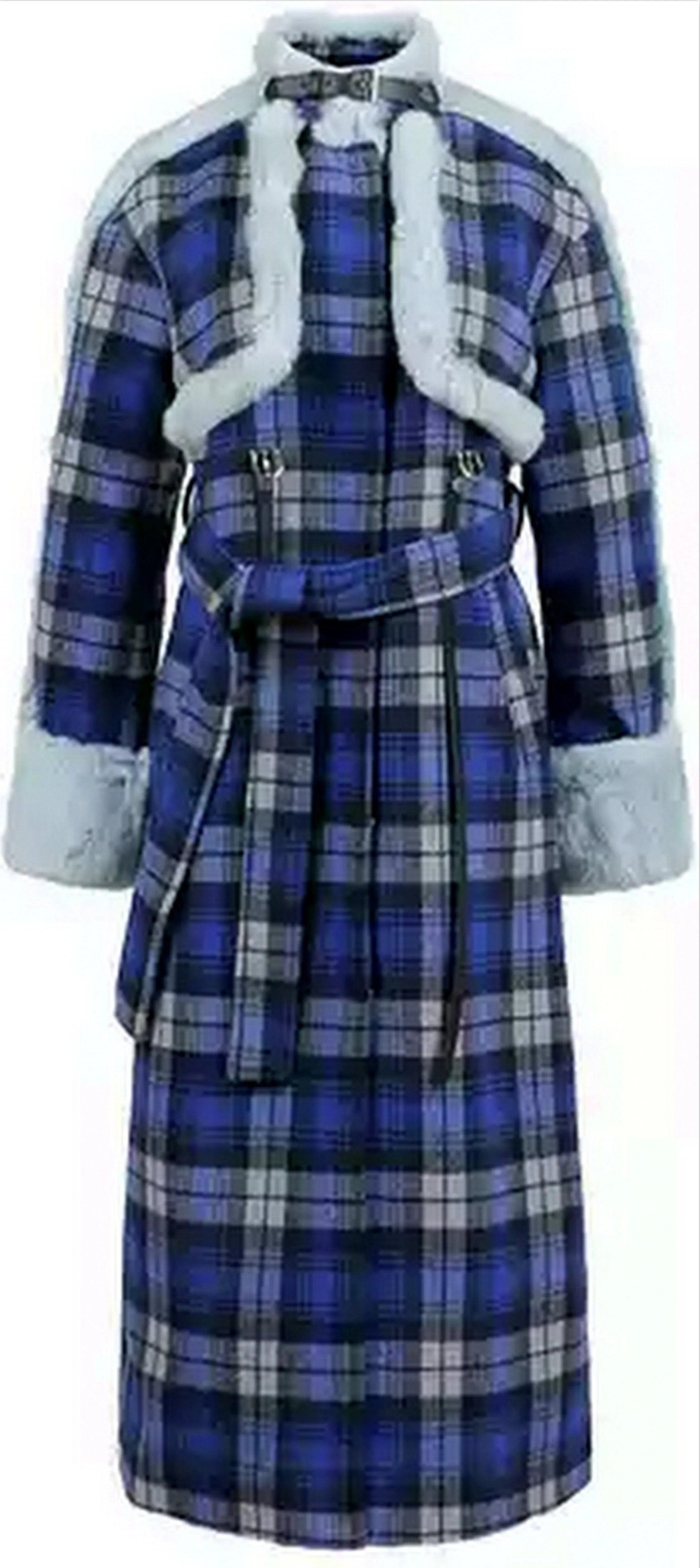 Blue Tartan Fur Coat with Black Belt Straps