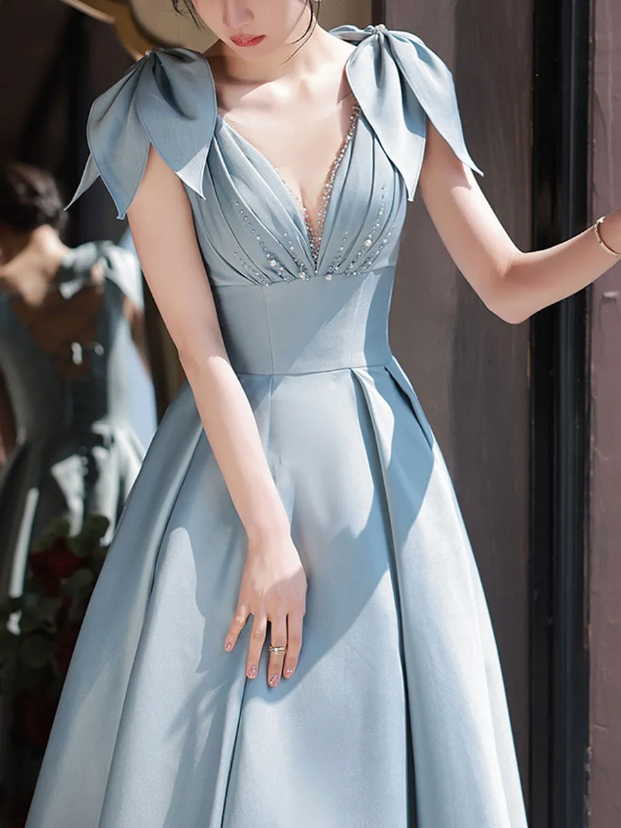 Blue V Neck Satin Long Prom Dress, Blue Satin Evening Dresses