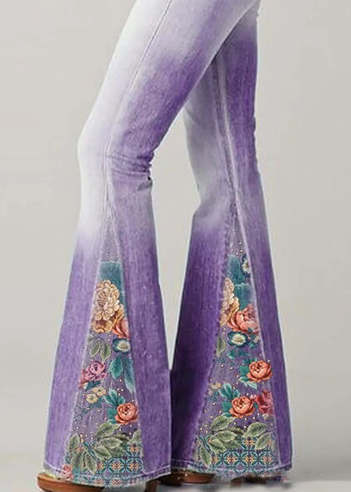 Bohemian Blue High Waist Patchwork Print Denim Flare Bottoms