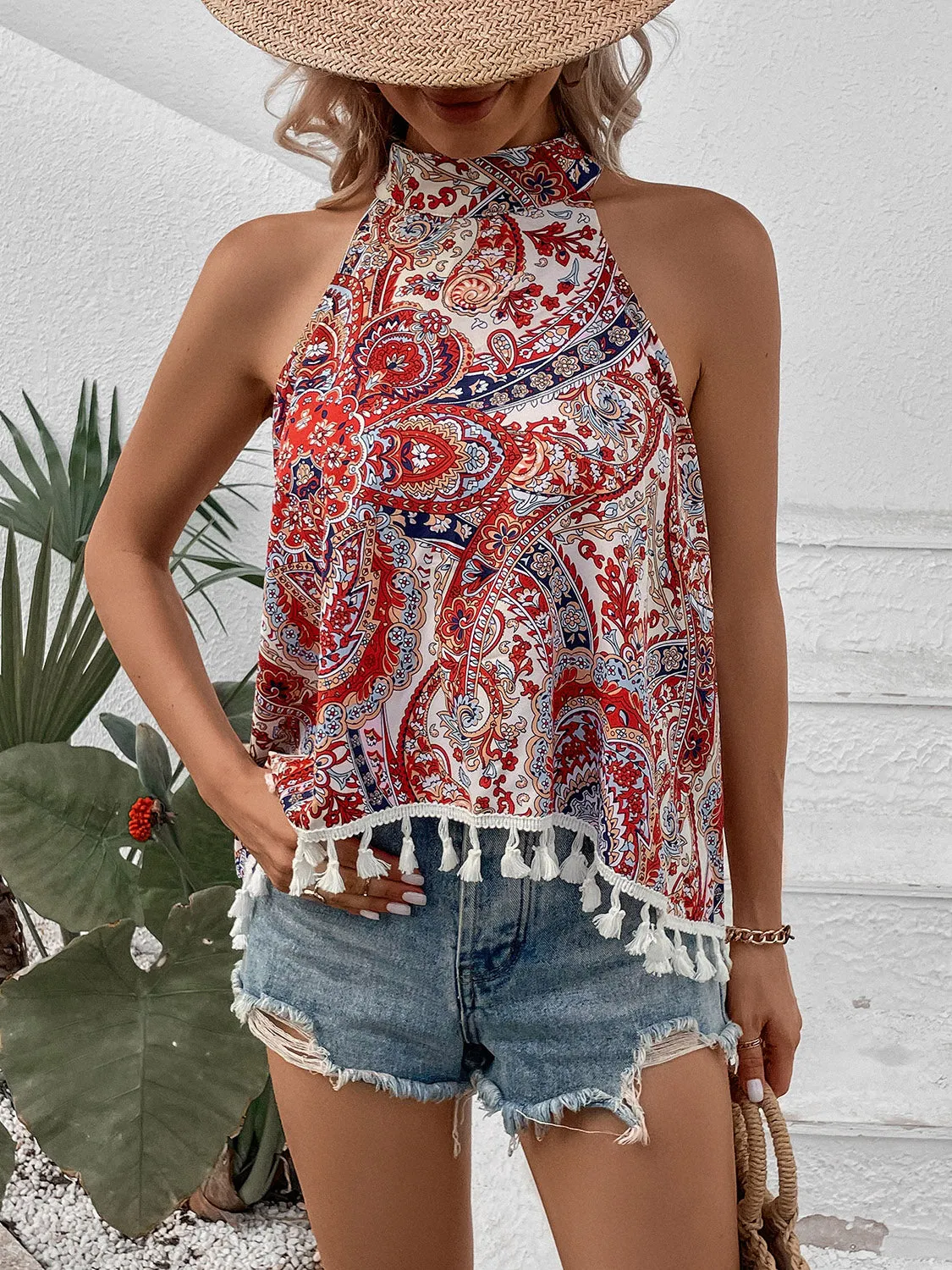 Boho Tassel Printed Grecian Neck Tank Top New Women's Fashion Sleeveless Blouse