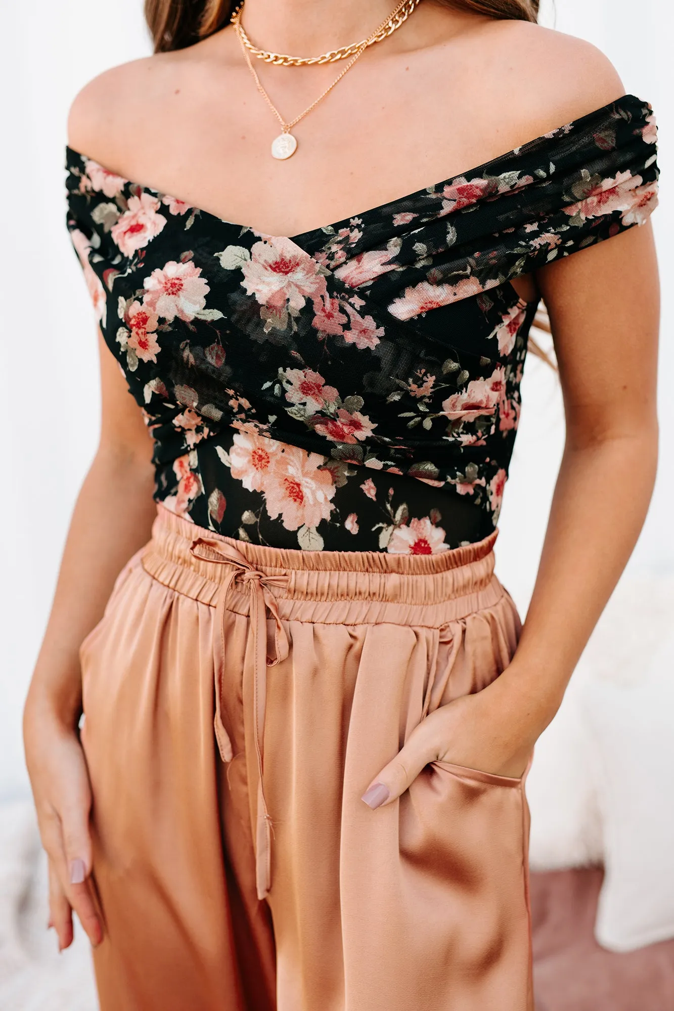 Bombshell Babe Off The Shoulder Floral Mesh Bodysuit (Black)