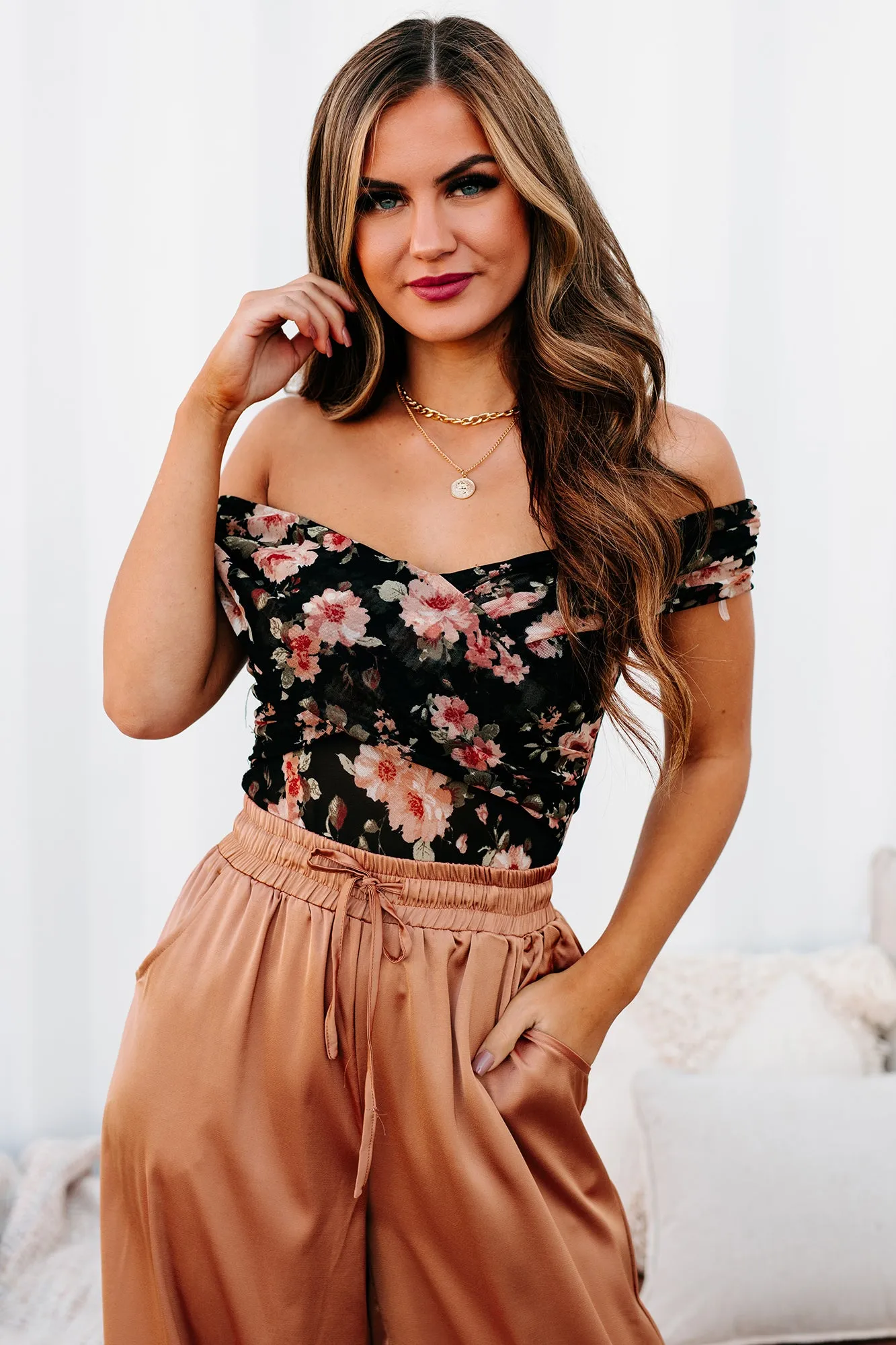 Bombshell Babe Off The Shoulder Floral Mesh Bodysuit (Black)