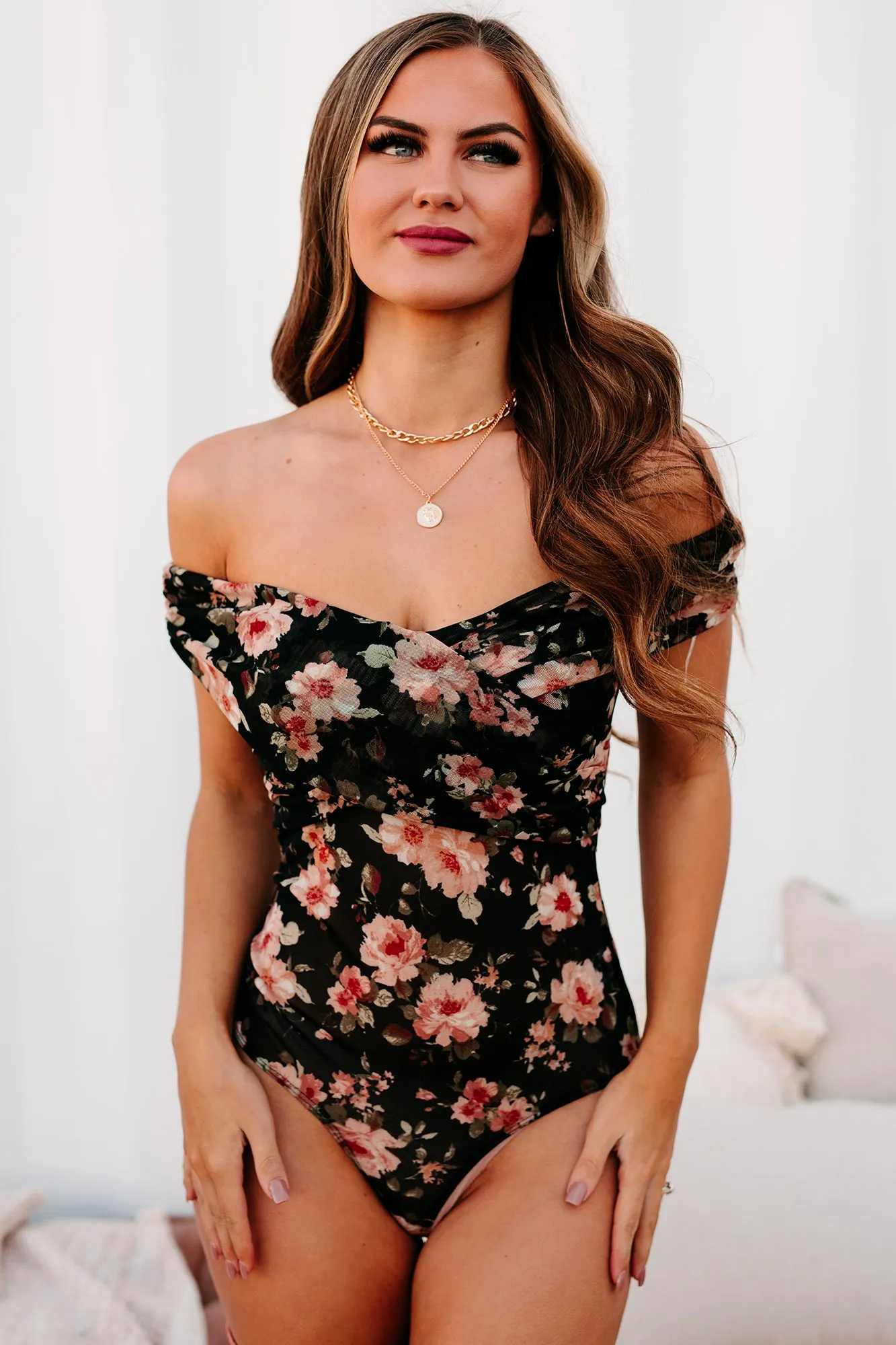 Bombshell Babe Off The Shoulder Floral Mesh Bodysuit (Black)