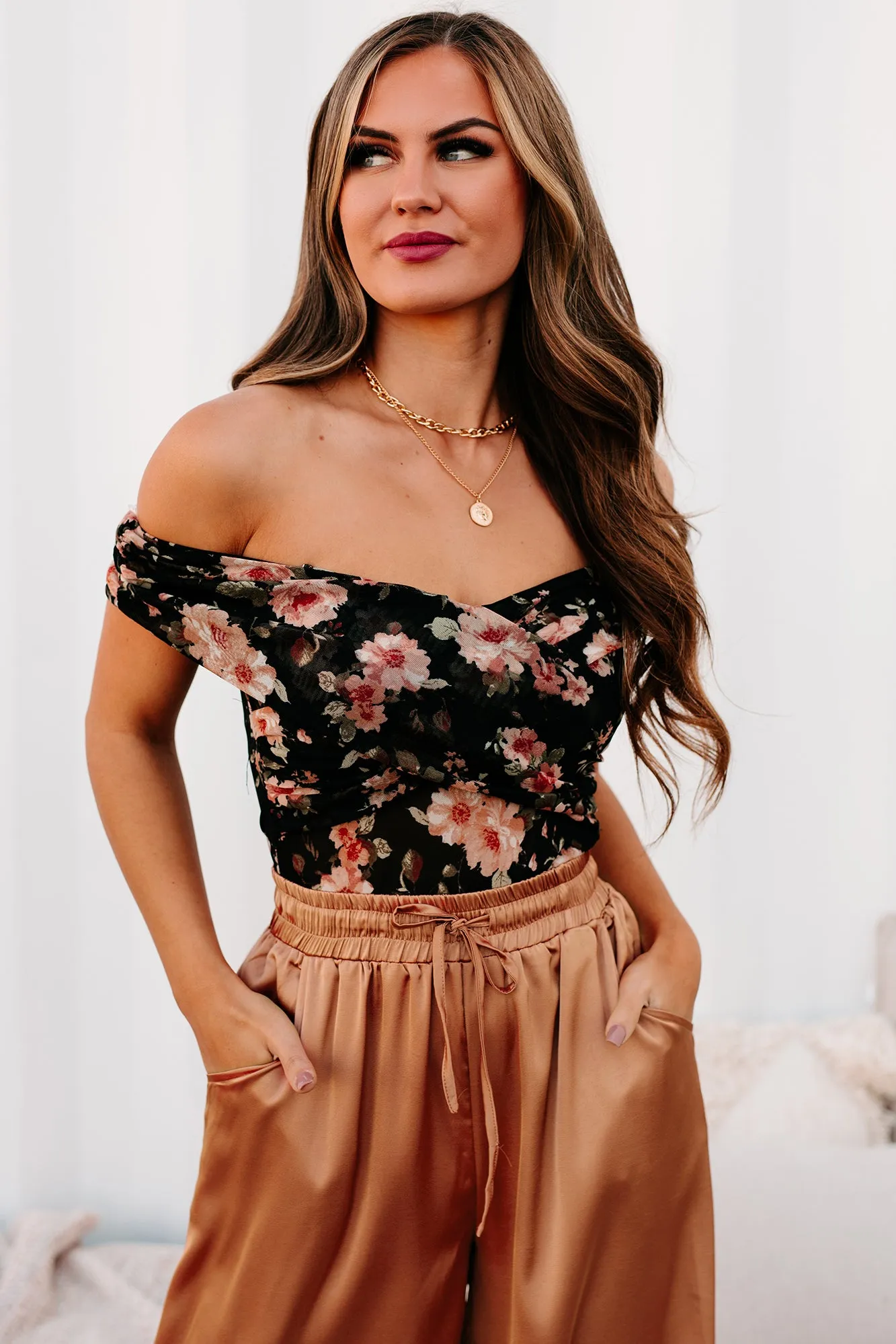 Bombshell Babe Off The Shoulder Floral Mesh Bodysuit (Black)