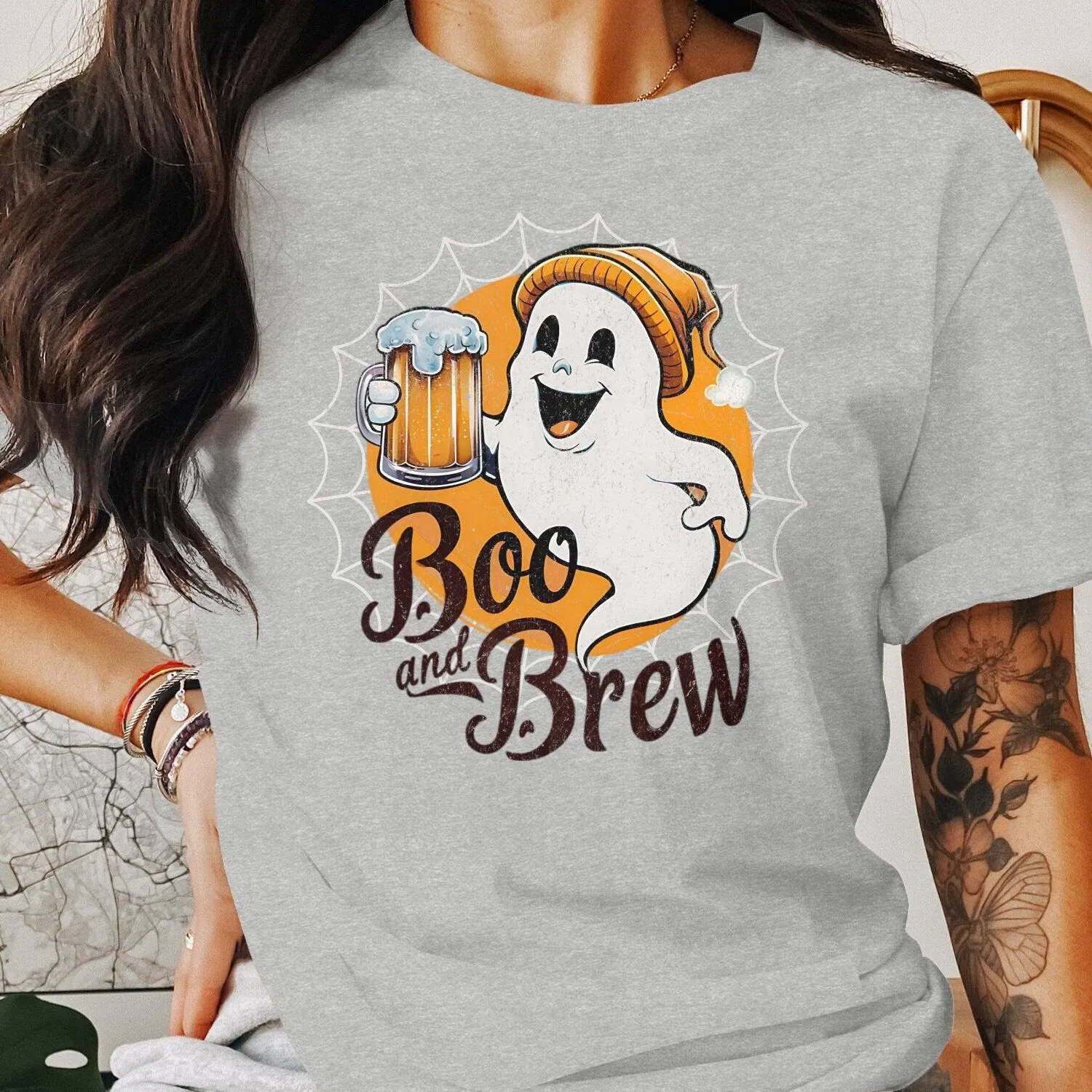 Boo and Brew Ghost Holding Beer Halloween T-Shirt, Cute Ghost Design Funny Drinking Tee, Halloween Party Shirt, Ghost Drinking Sweatshirt