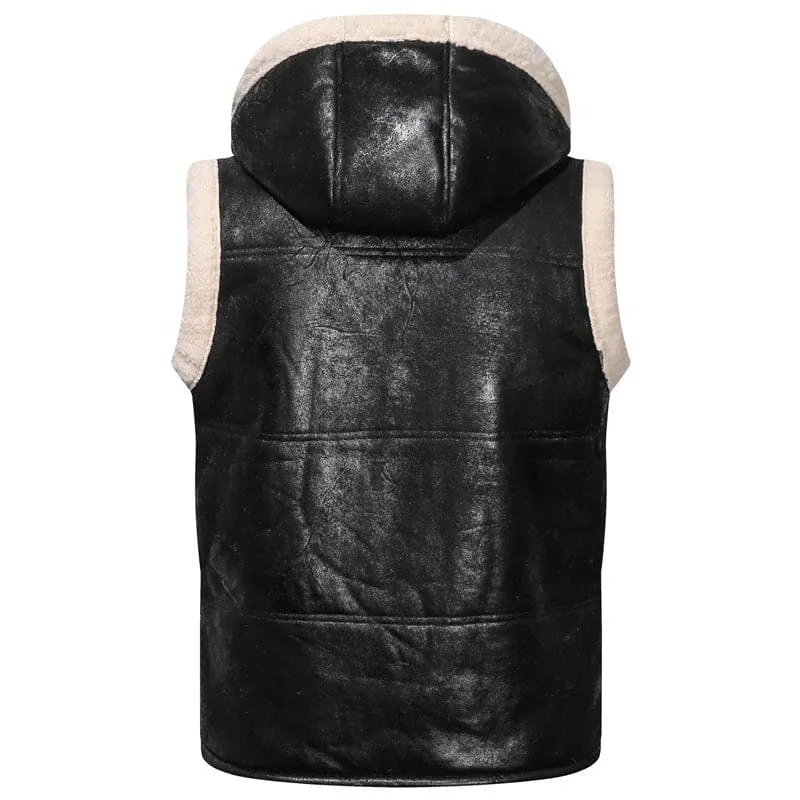 Brown Leather Hooded Zip Gilet Vest with Fur Lining for Men