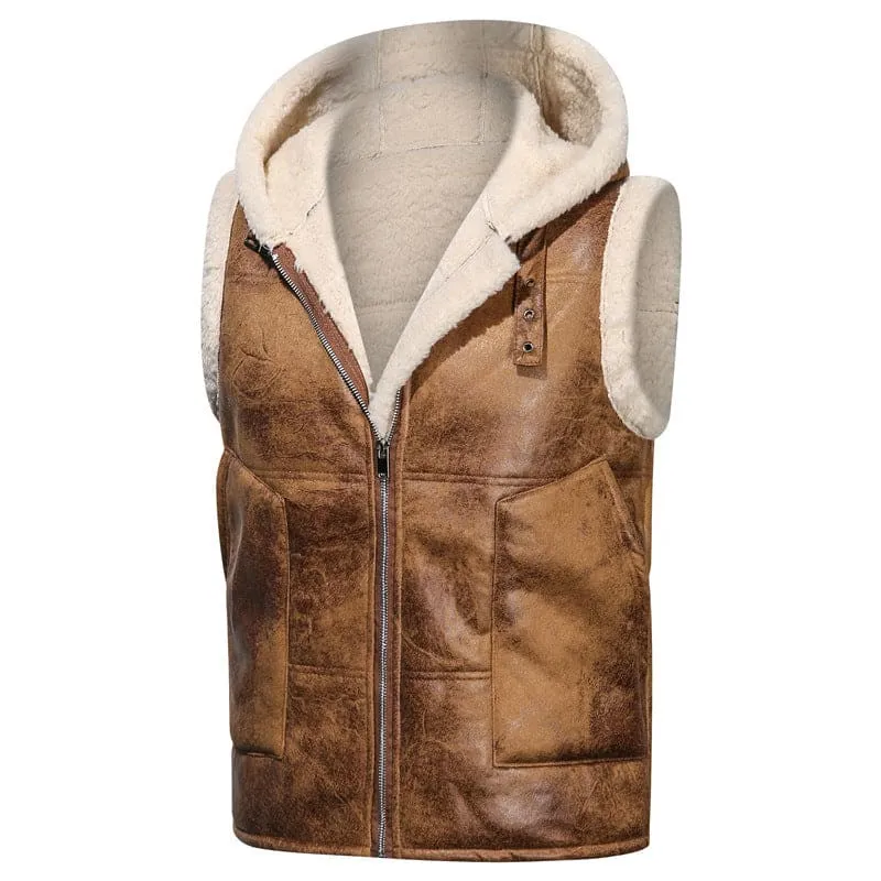 Brown Leather Hooded Zip Gilet Vest with Fur Lining for Men