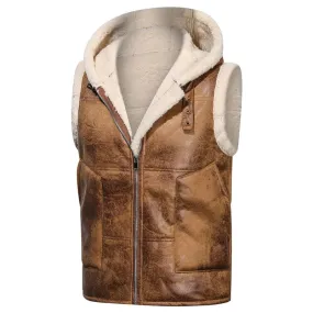 Brown Leather Hooded Zip Gilet Vest with Fur Lining for Men