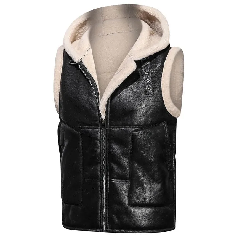 Brown Leather Hooded Zip Gilet Vest with Fur Lining for Men