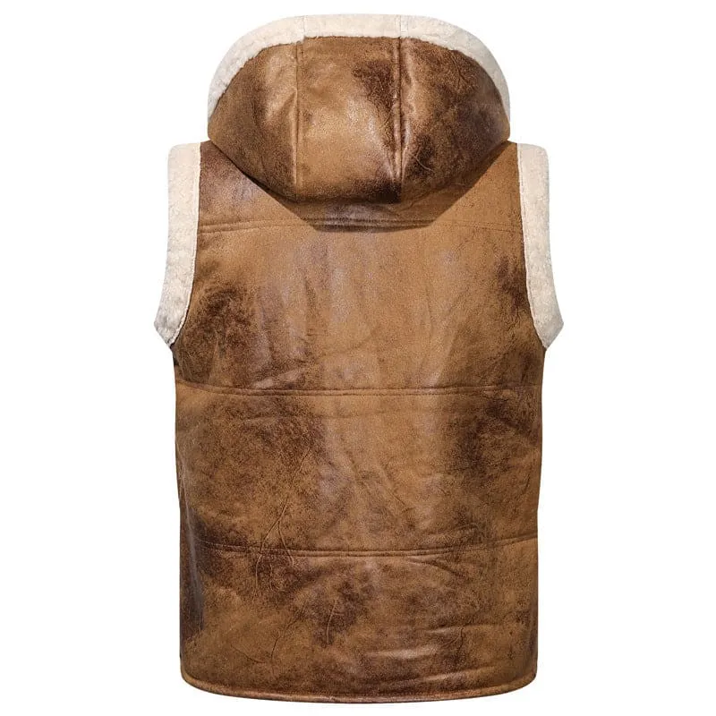 Brown Leather Hooded Zip Gilet Vest with Fur Lining for Men