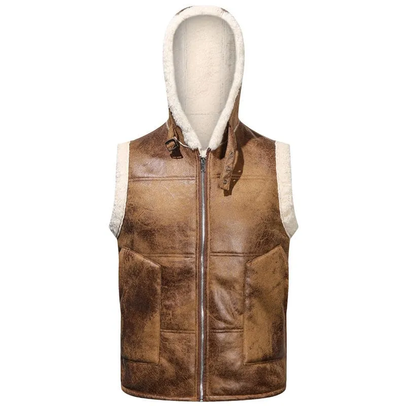 Brown Leather Hooded Zip Gilet Vest with Fur Lining for Men