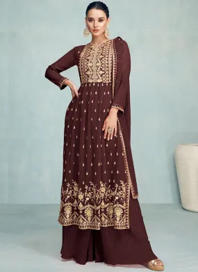 Brown Sequence Embroidery High Slit Palazzo Suit