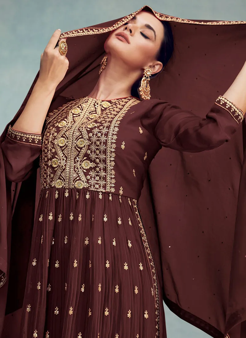 Brown Sequence Embroidery High Slit Palazzo Suit