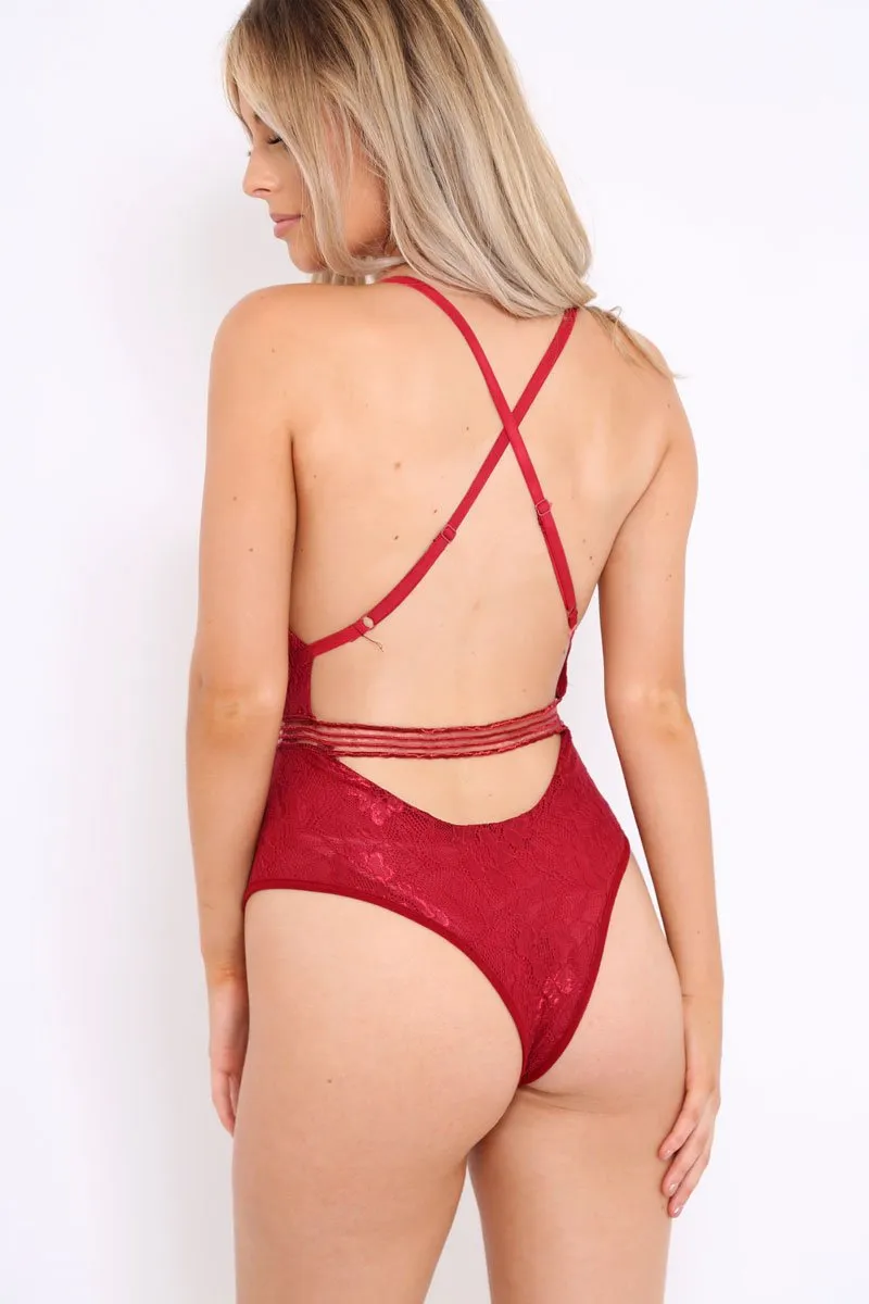 Burgundy Lace Open Back Bodysuit - Naomie