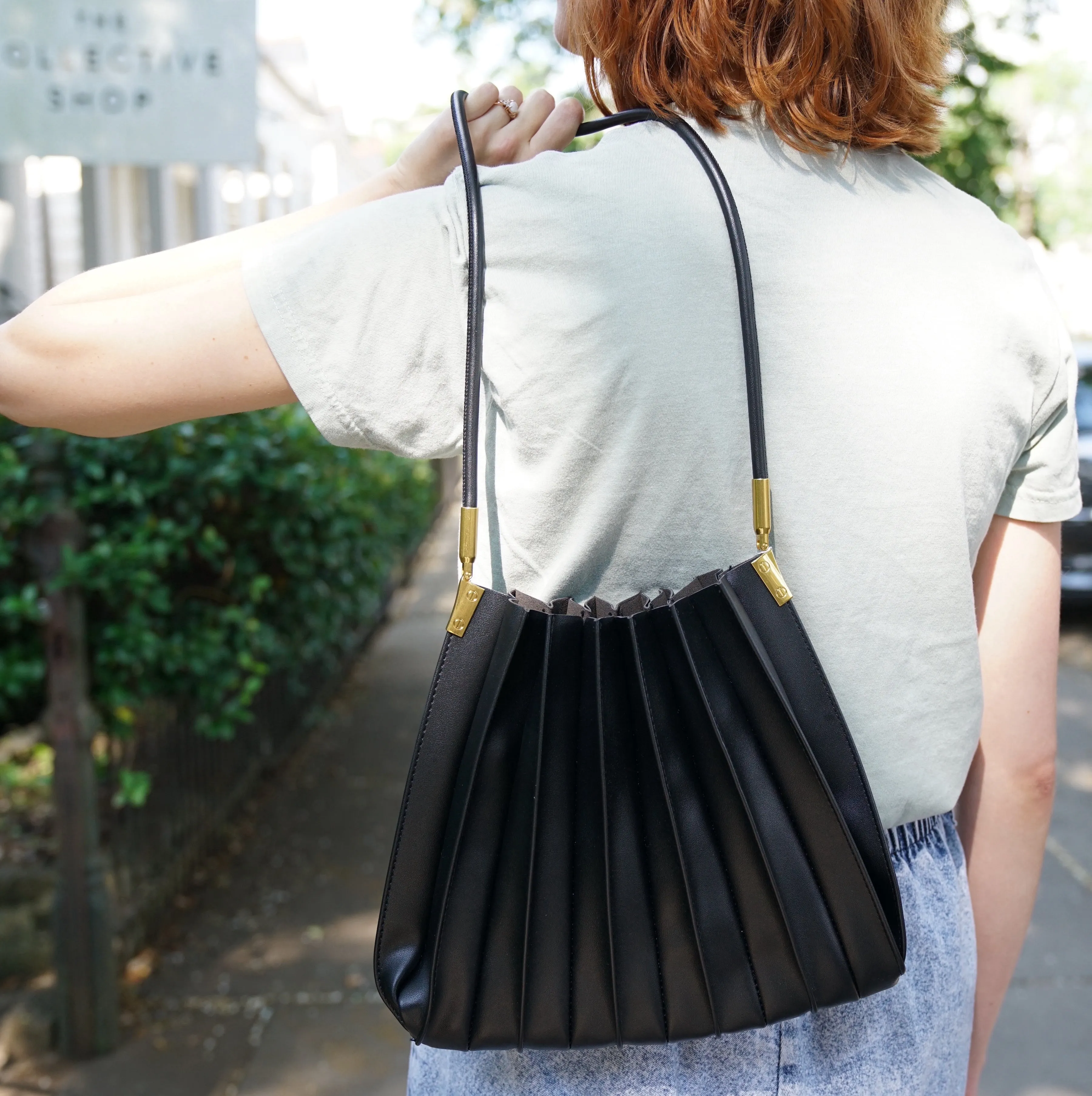 Carrie Pleated Vegan Shoulder Bag in Black