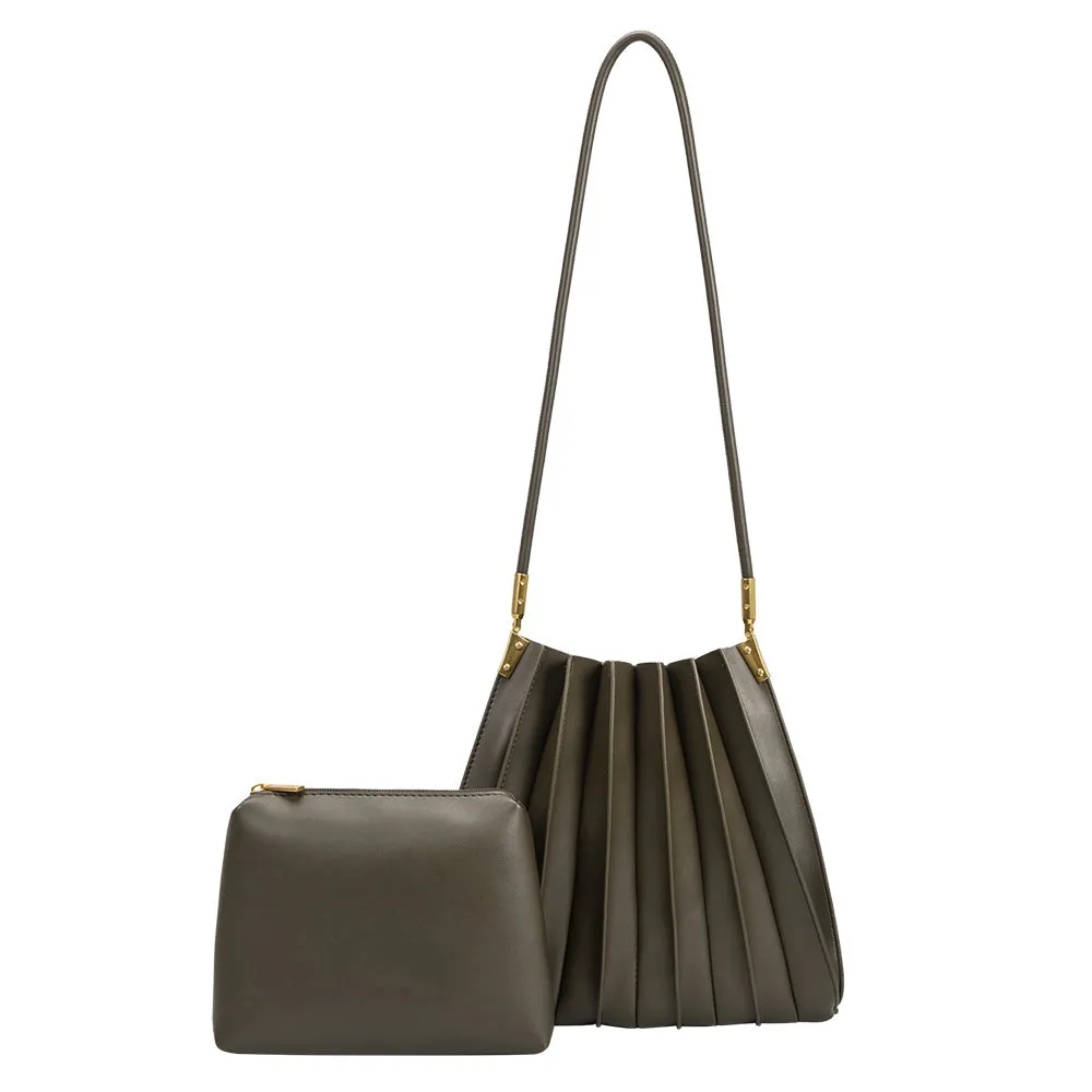 Carrie Pleated Vegan Shoulder Bag in Olive