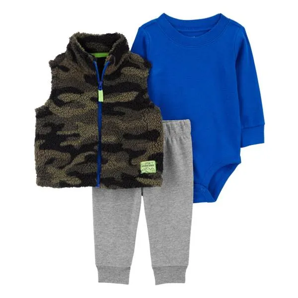 Carter's Baby Boys 3-Pc. Camouflage Full-Zip Fleece Vest, Long-Sleeve Bodysuit & Solid Pants Set - Multi