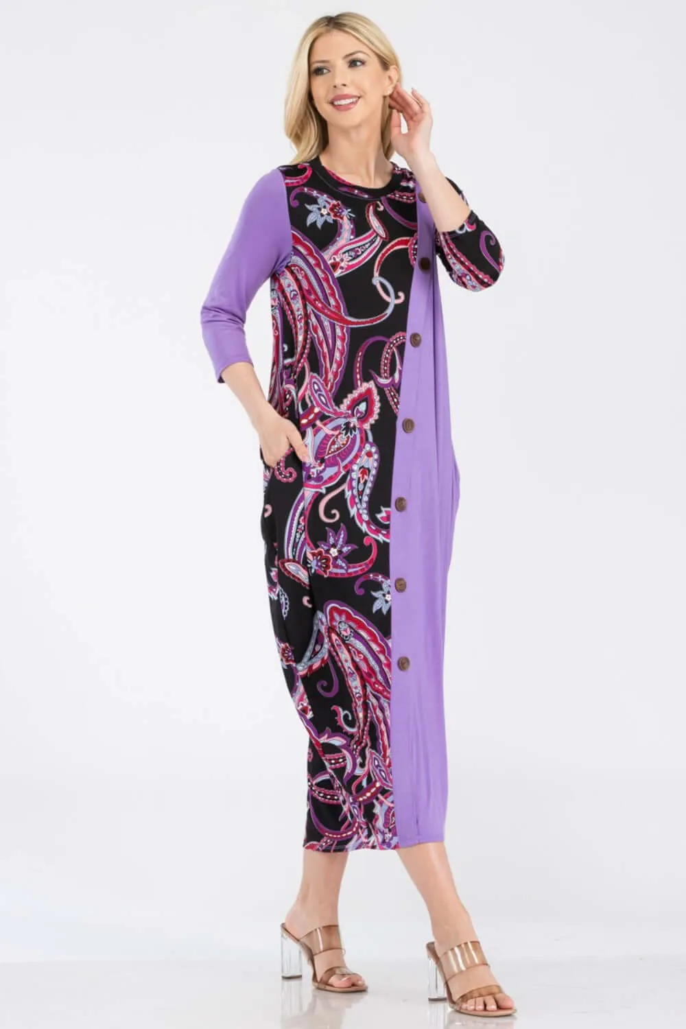 Celeste Full Size Paisley Contrast Midi Dress with Pockets