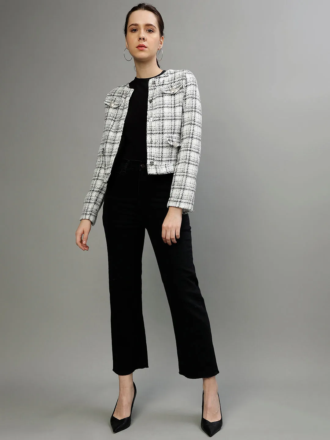 Centre Stage Women Checked Round Neck Full Sleeves Blazer