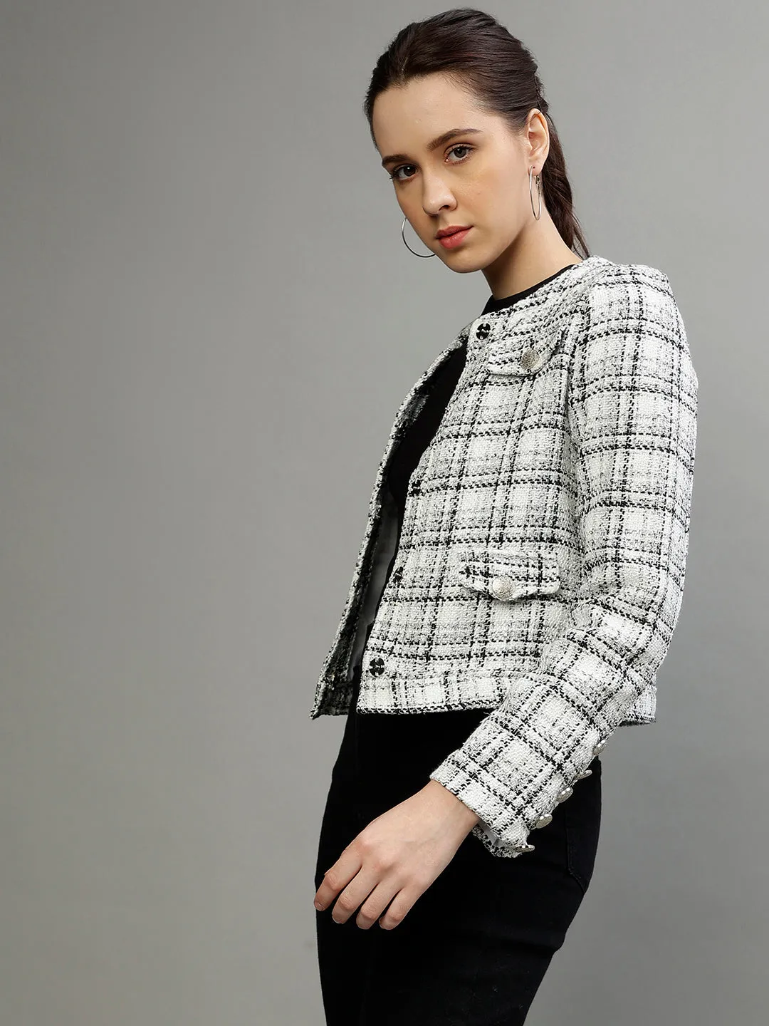 Centre Stage Women Checked Round Neck Full Sleeves Blazer