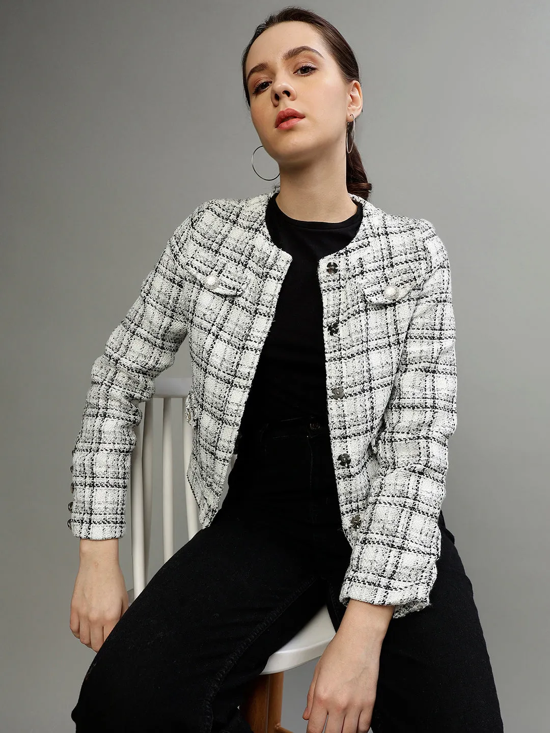 Centre Stage Women Checked Round Neck Full Sleeves Blazer