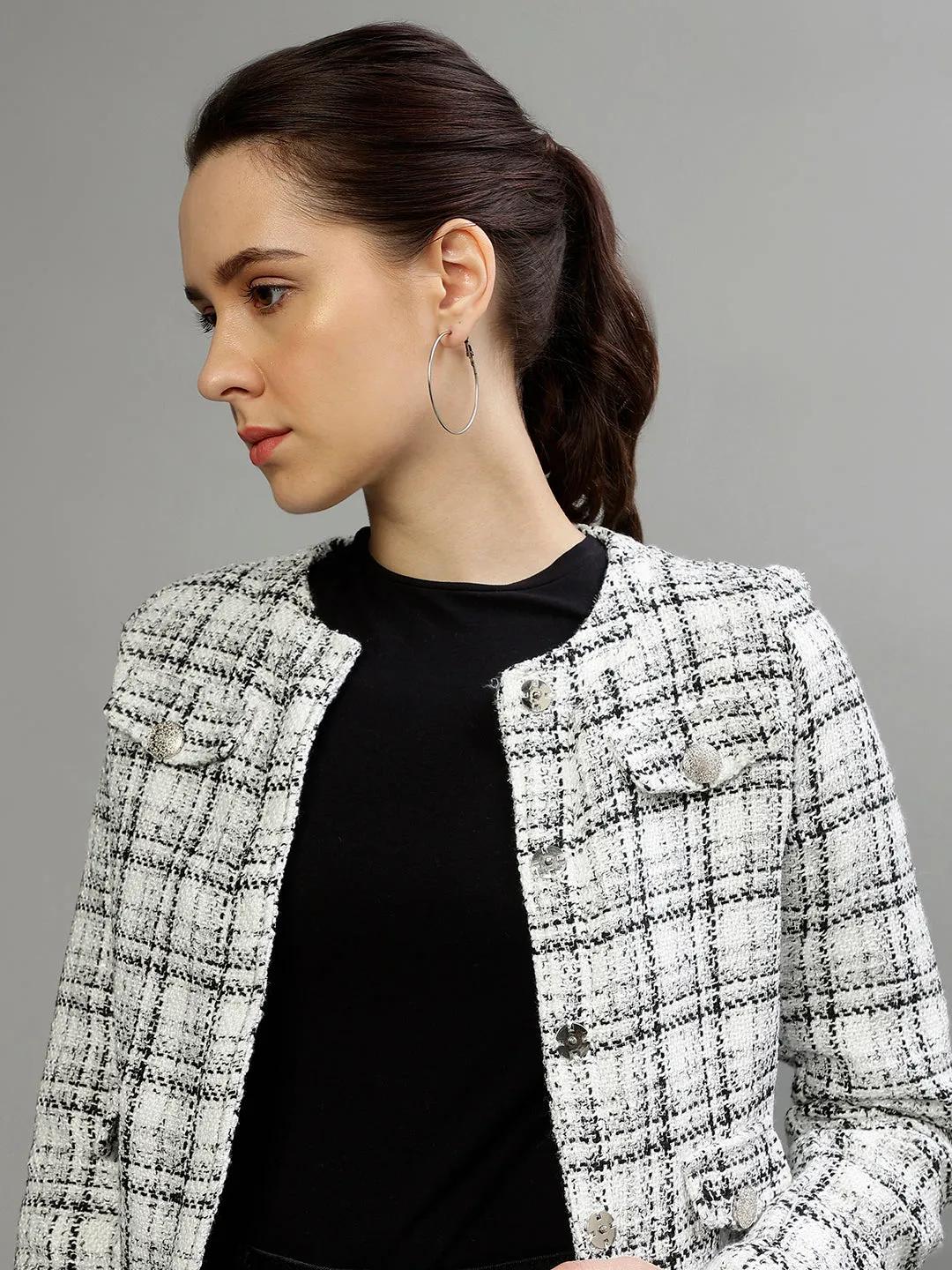 Centre Stage Women Checked Round Neck Full Sleeves Blazer