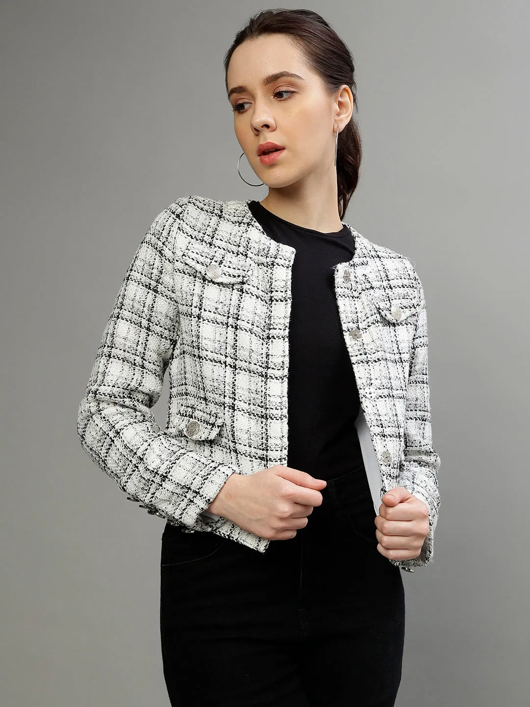 Centre Stage Women Checked Round Neck Full Sleeves Blazer