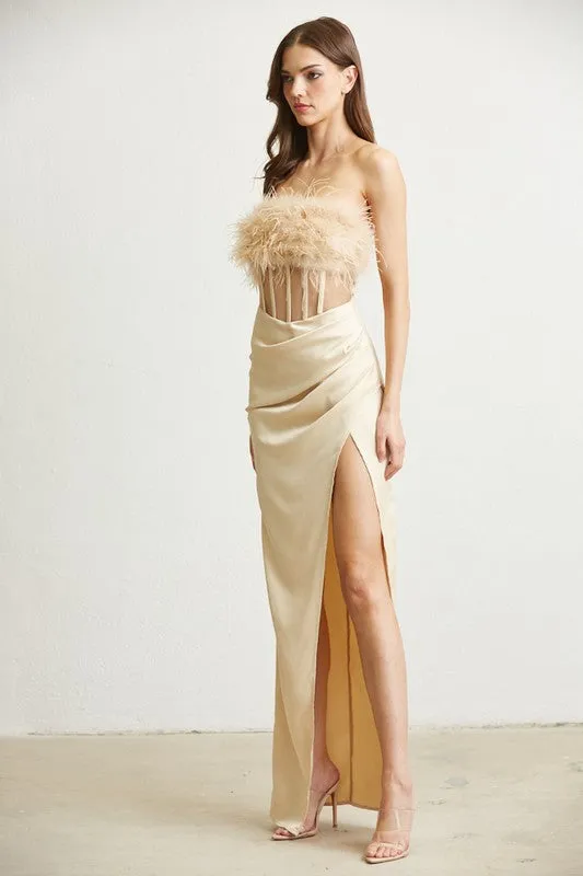 Champagne Feather Trim Corset Satin Dress