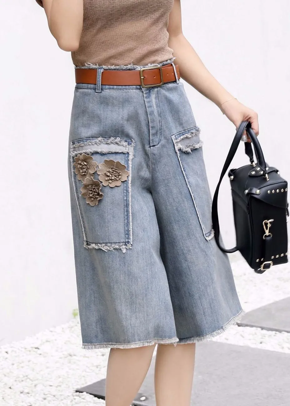 Chic Blue Floral High Waist Sashes Denim Crop Pants Summer LY5243