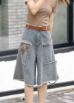 Chic Blue Floral High Waist Sashes Denim Crop Pants Summer LY5243