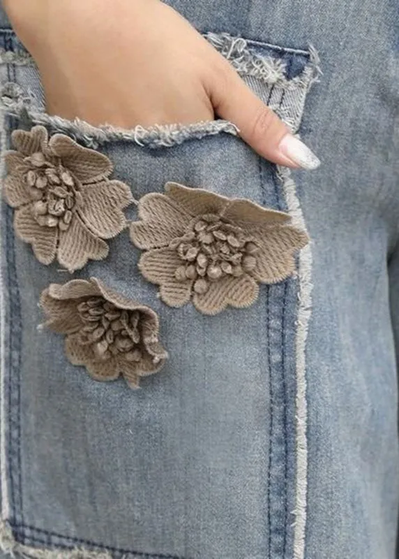 Chic Blue Floral High Waist Sashes Denim Crop Pants Summer LY5243