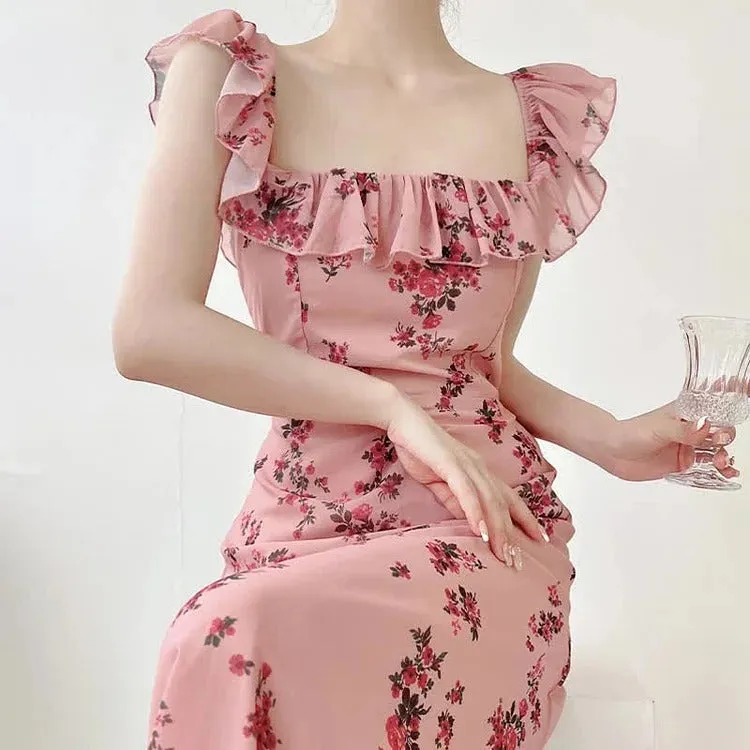 Chic Vintage Flouncing Square Collar Floral Print Slip Dress