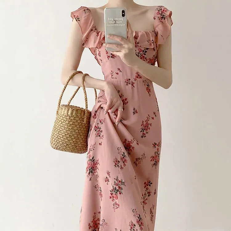 Chic Vintage Flouncing Square Collar Floral Print Slip Dress