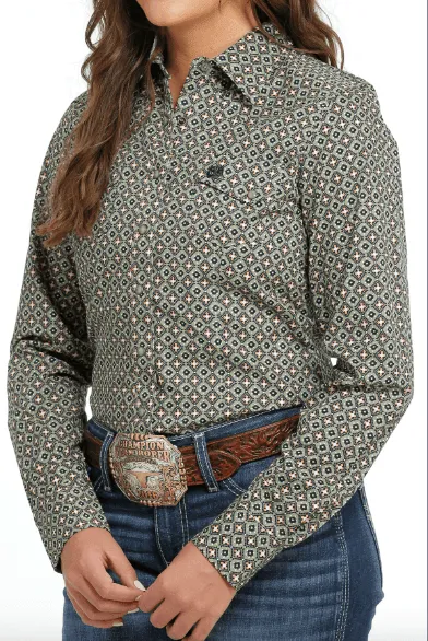 Cinch Women's Olive Geo Long Sleeve Button Western Shirt MSW9201044