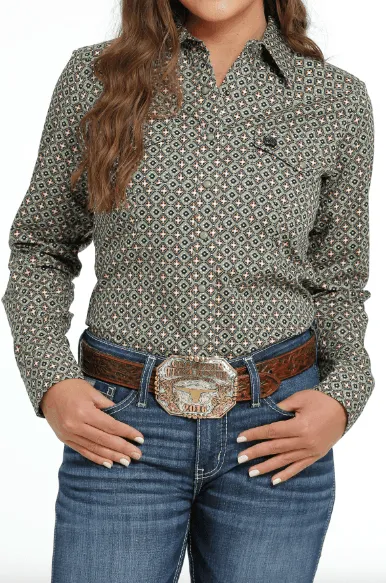 Cinch Women's Olive Geo Long Sleeve Button Western Shirt MSW9201044