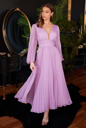 CINDERELLA DIVINE CD242S Pleated Long Sleeve Tea Length Chiffon Gown