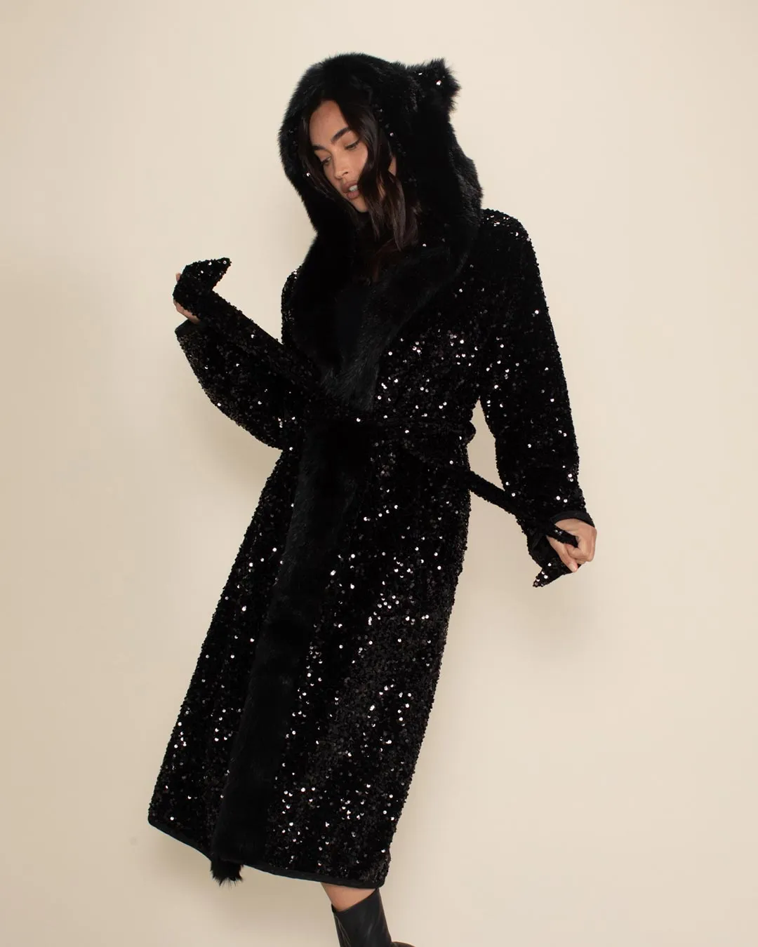 Classic Women's Long Sequin Coat | Black Panther