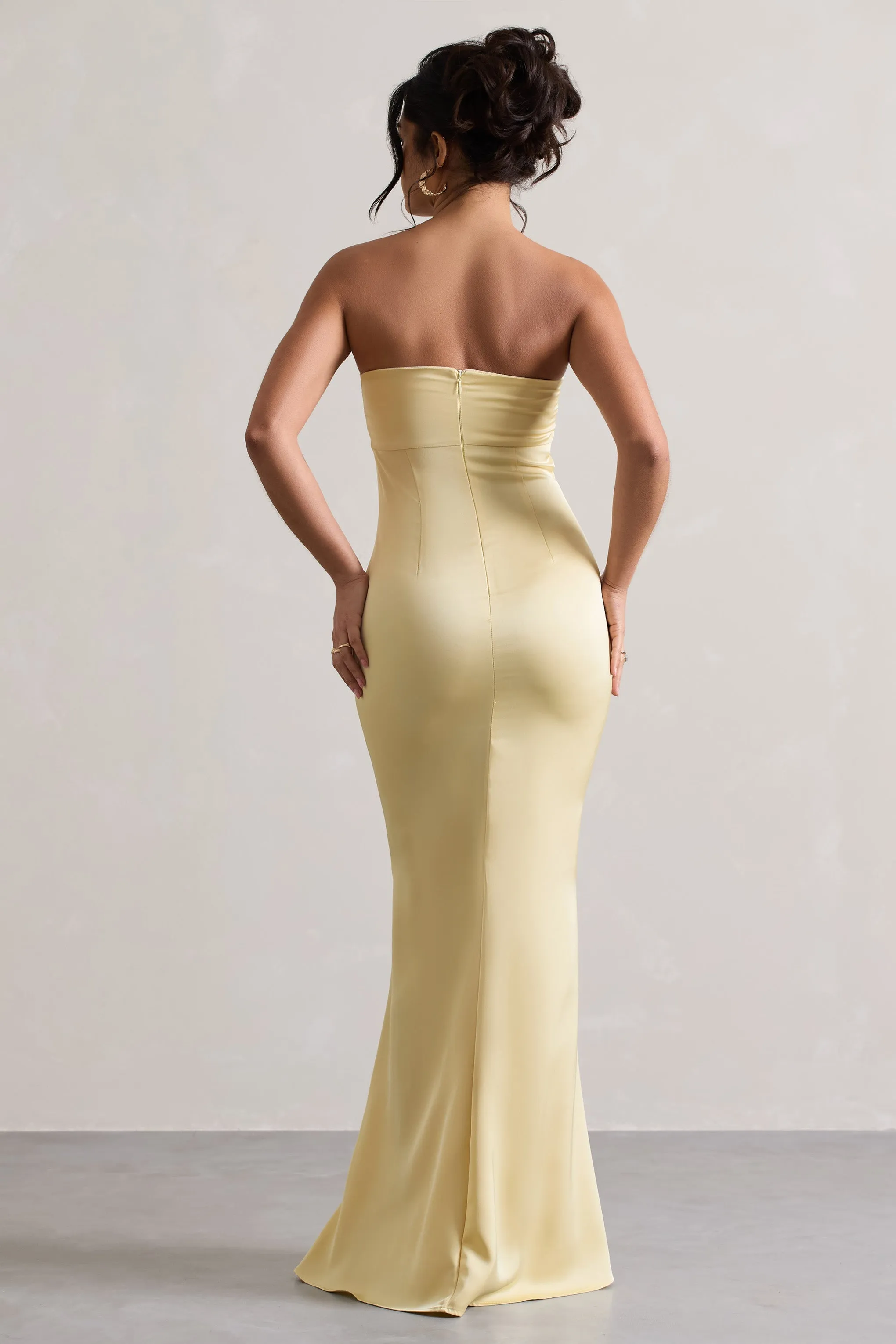 Colada | Lemon Satin Pleated Bandeau Maxi Dress