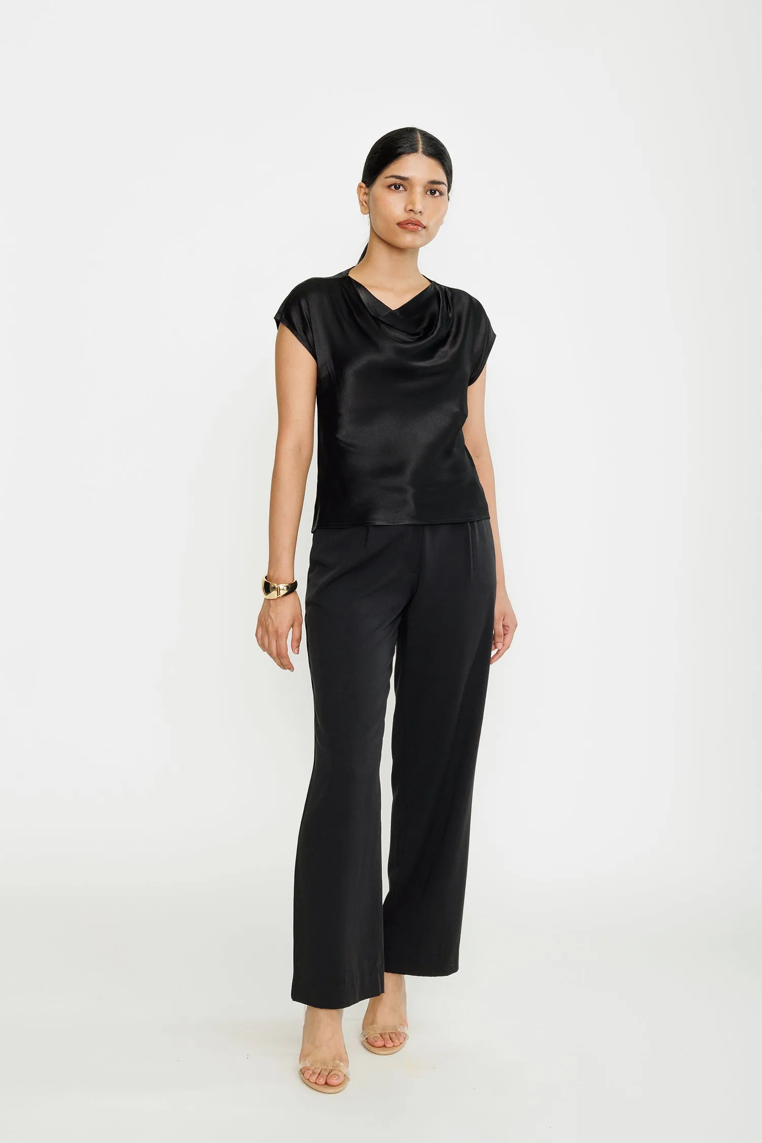 Cowl-neck Satin Blouse - Black