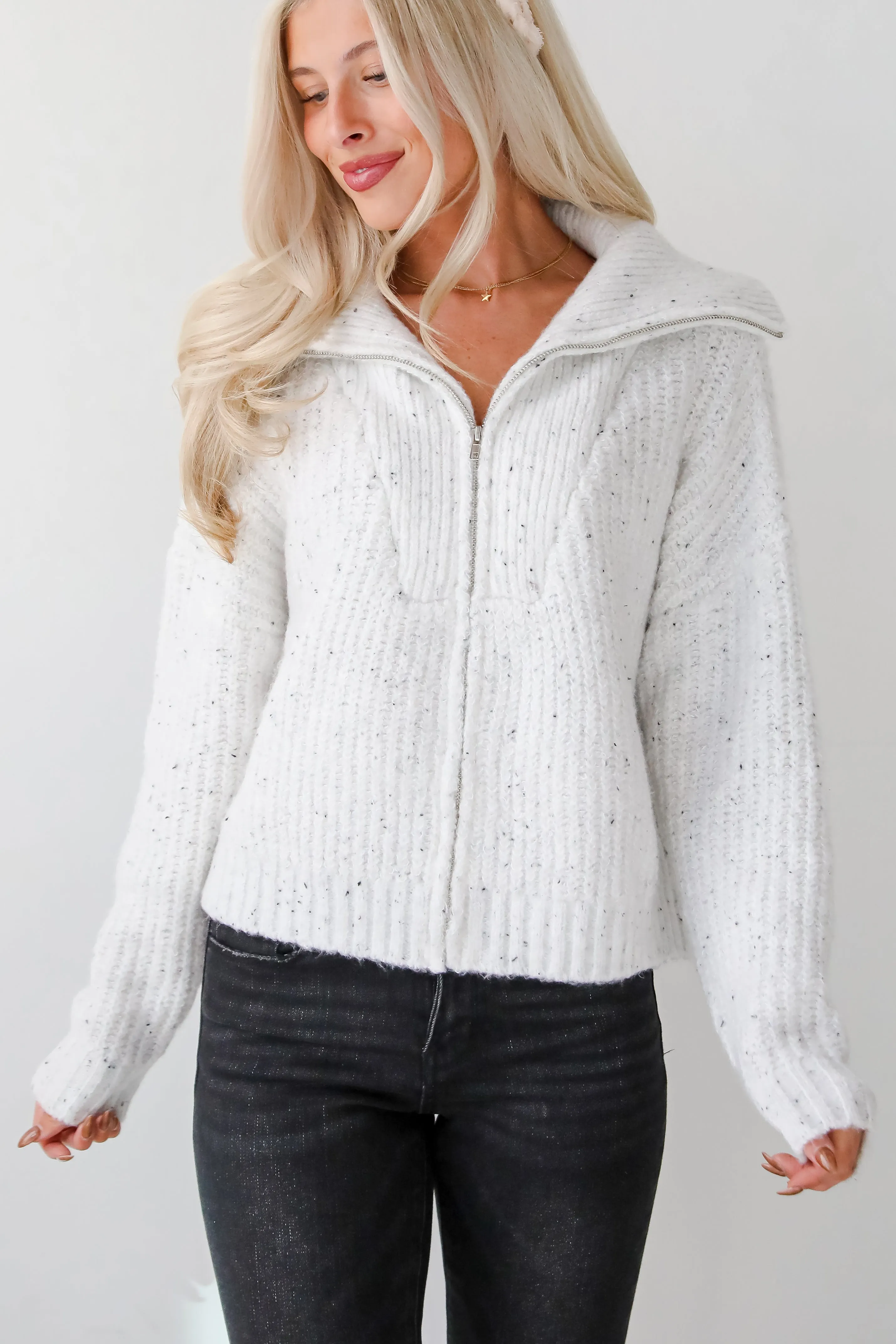 Cozy Agenda White Zip-Up Sweater