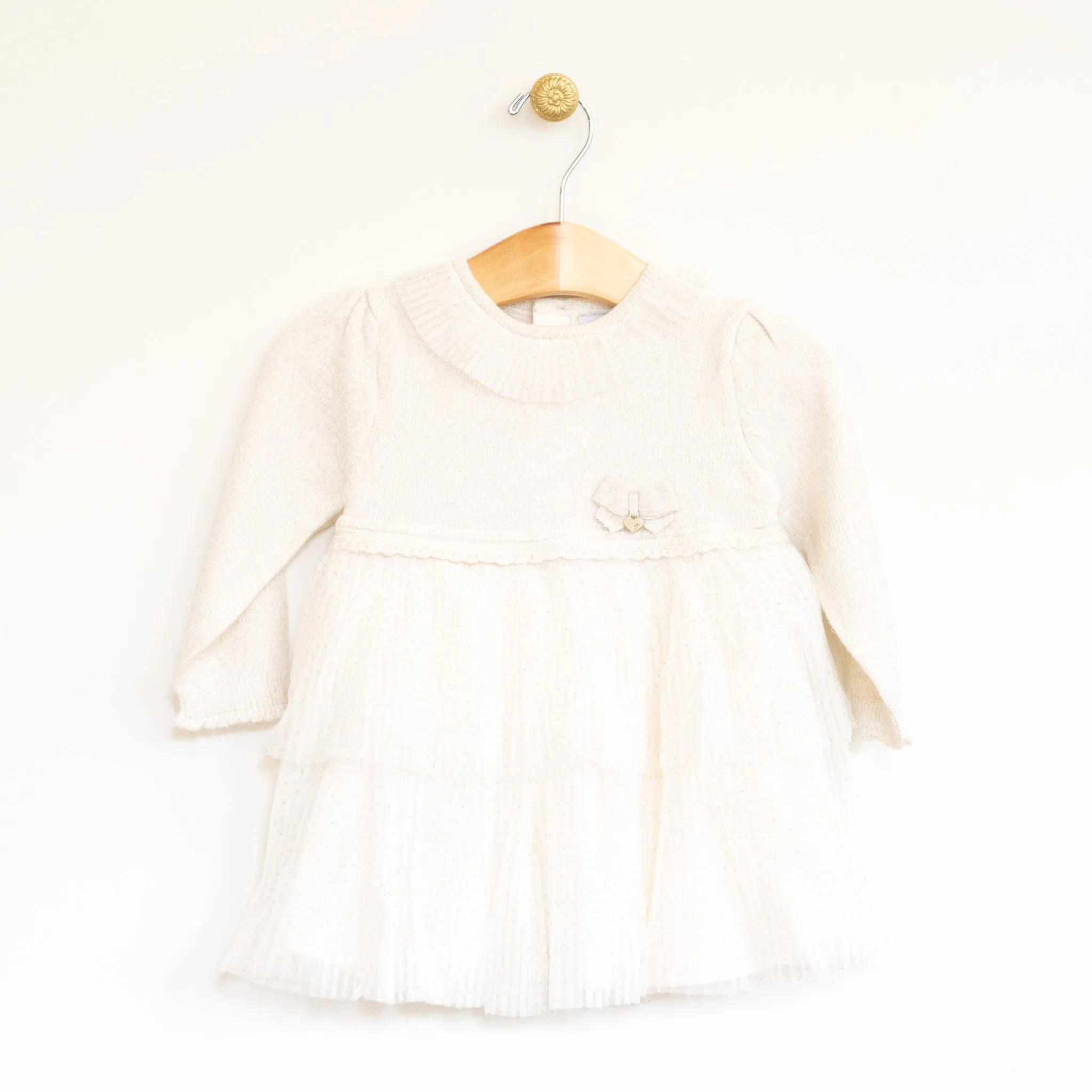 Cream Knit and Pleated Tulle Dress