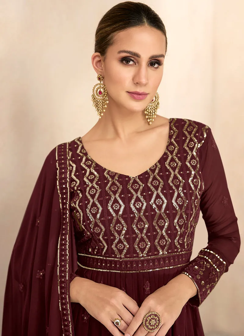 Dark Brown Sequence Embroidery High Slit Palazzo Suit