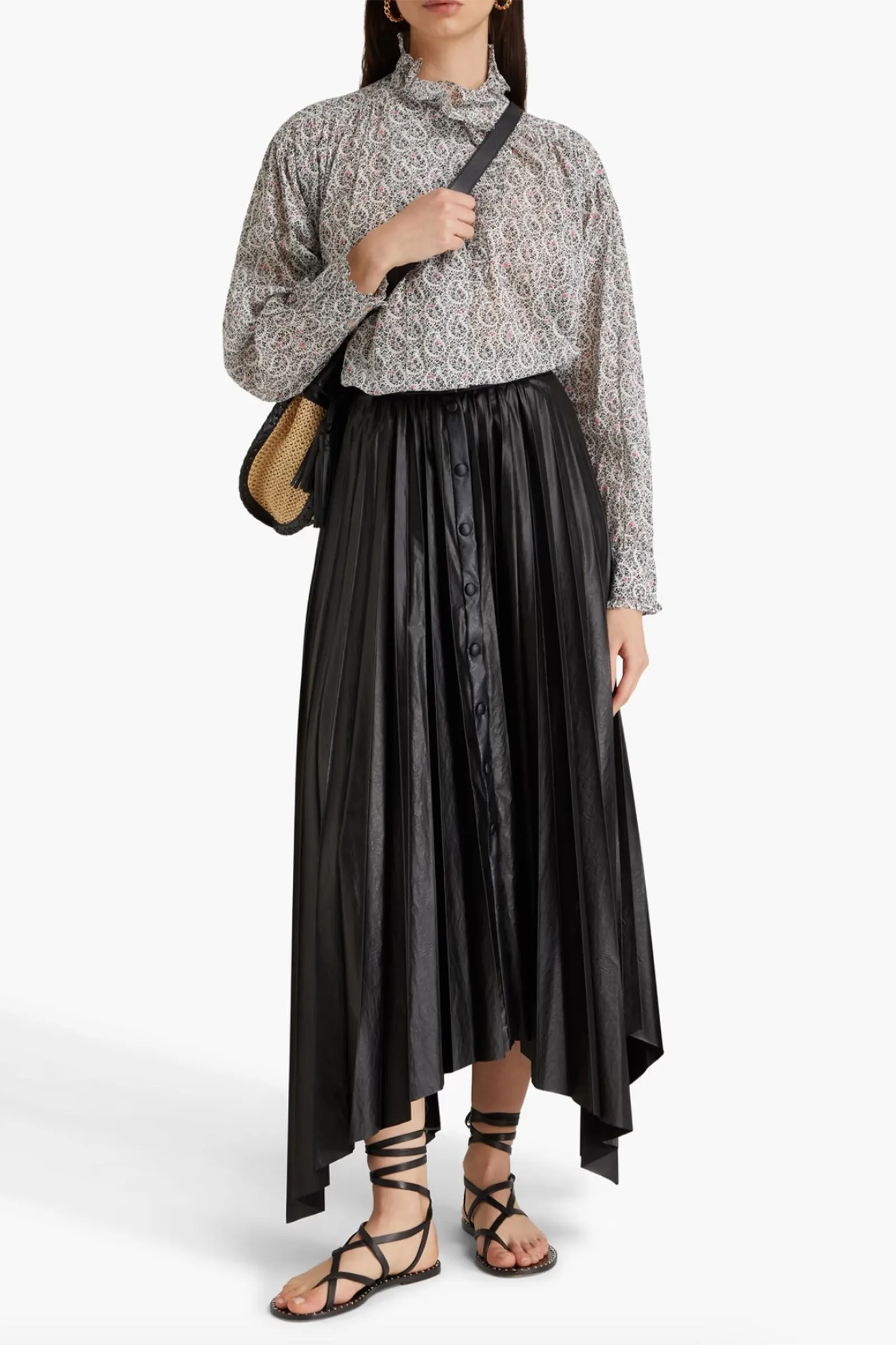 Davis Asymmetric Pleated Faux Leather Maxi Skirt