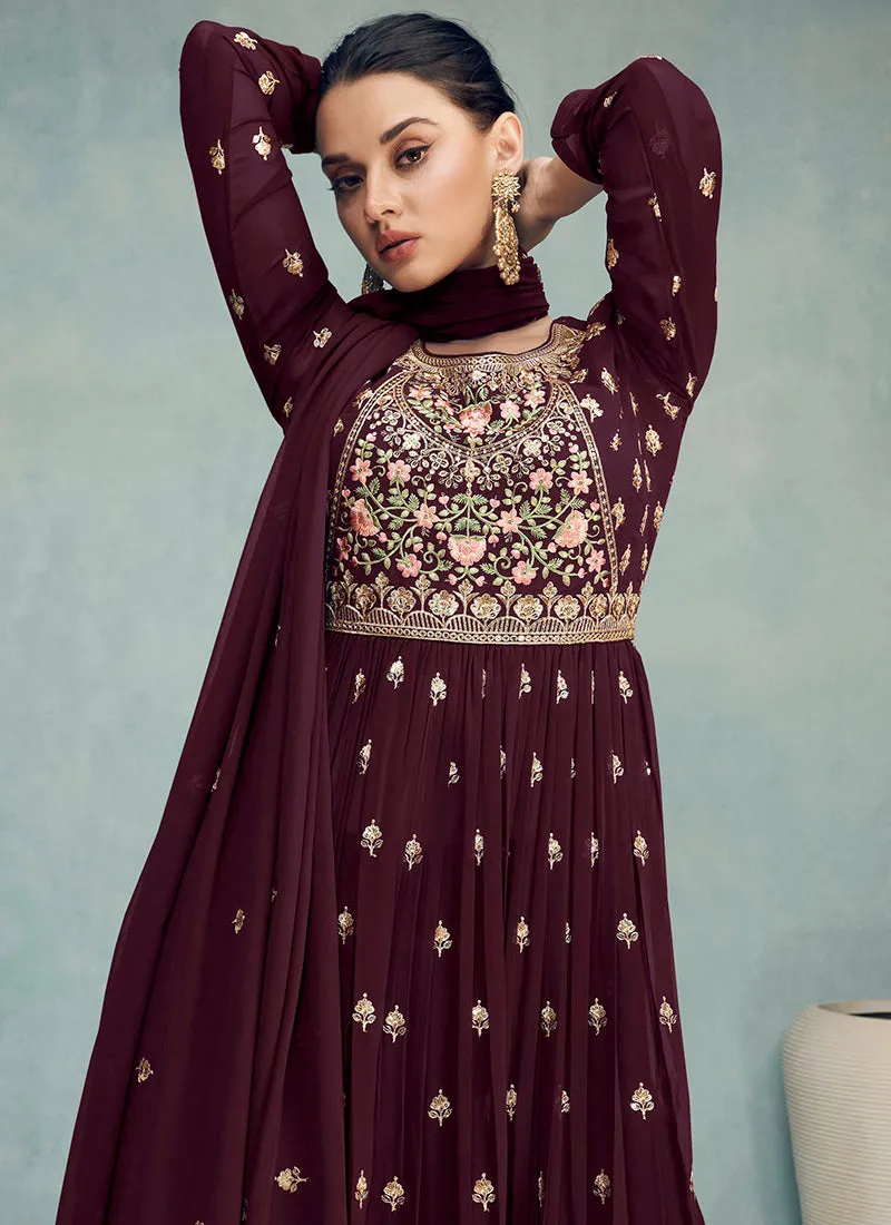 Deep Wine Multi Embroidery High Slit Style Palazzo Suit