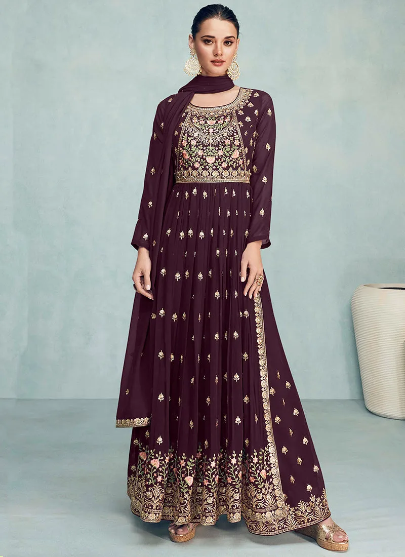 Deep Wine Multi Embroidery High Slit Style Palazzo Suit