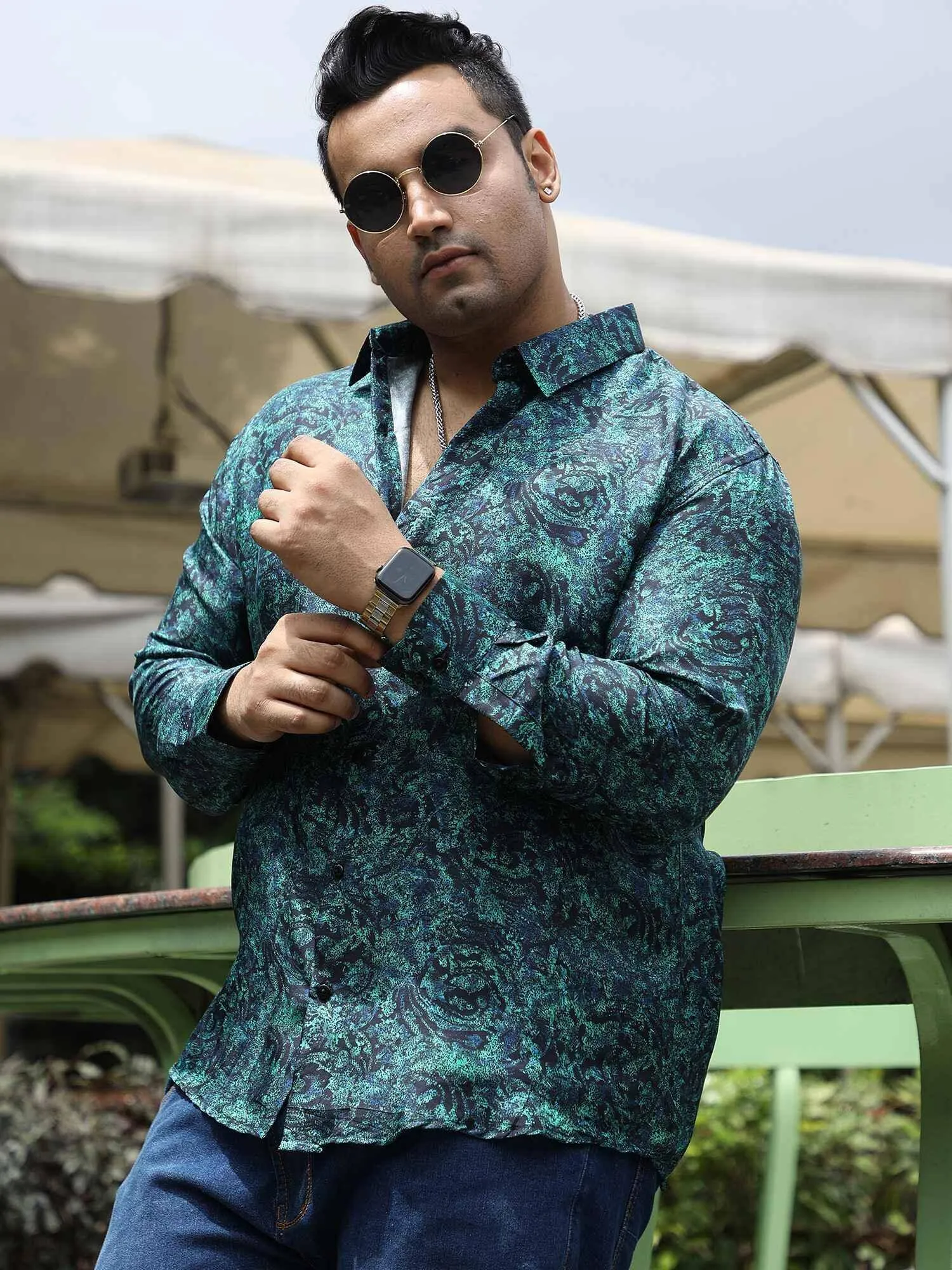 Dense Leafy green Printed Full Shirt Men's Plus Size