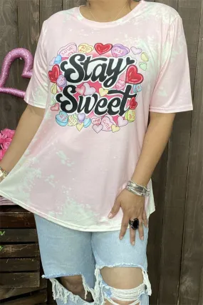 DLH14552 "Stay Sweet hearts"words&heart multi color printed short sleeve women pink T-shirt