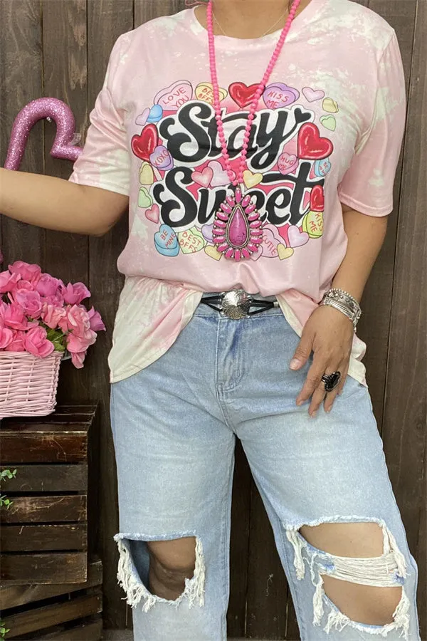 DLH14552 "Stay Sweet hearts"words&heart multi color printed short sleeve women pink T-shirt