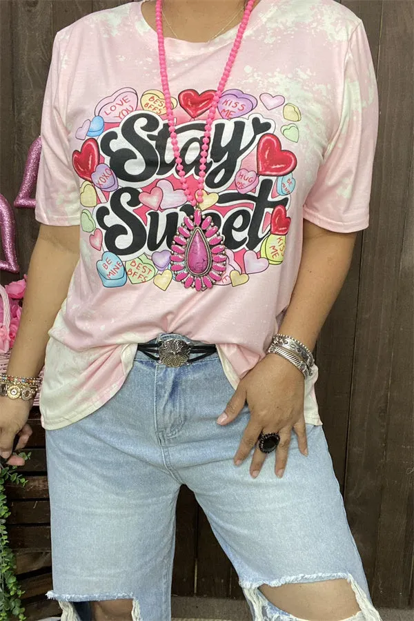 DLH14552 "Stay Sweet hearts"words&heart multi color printed short sleeve women pink T-shirt